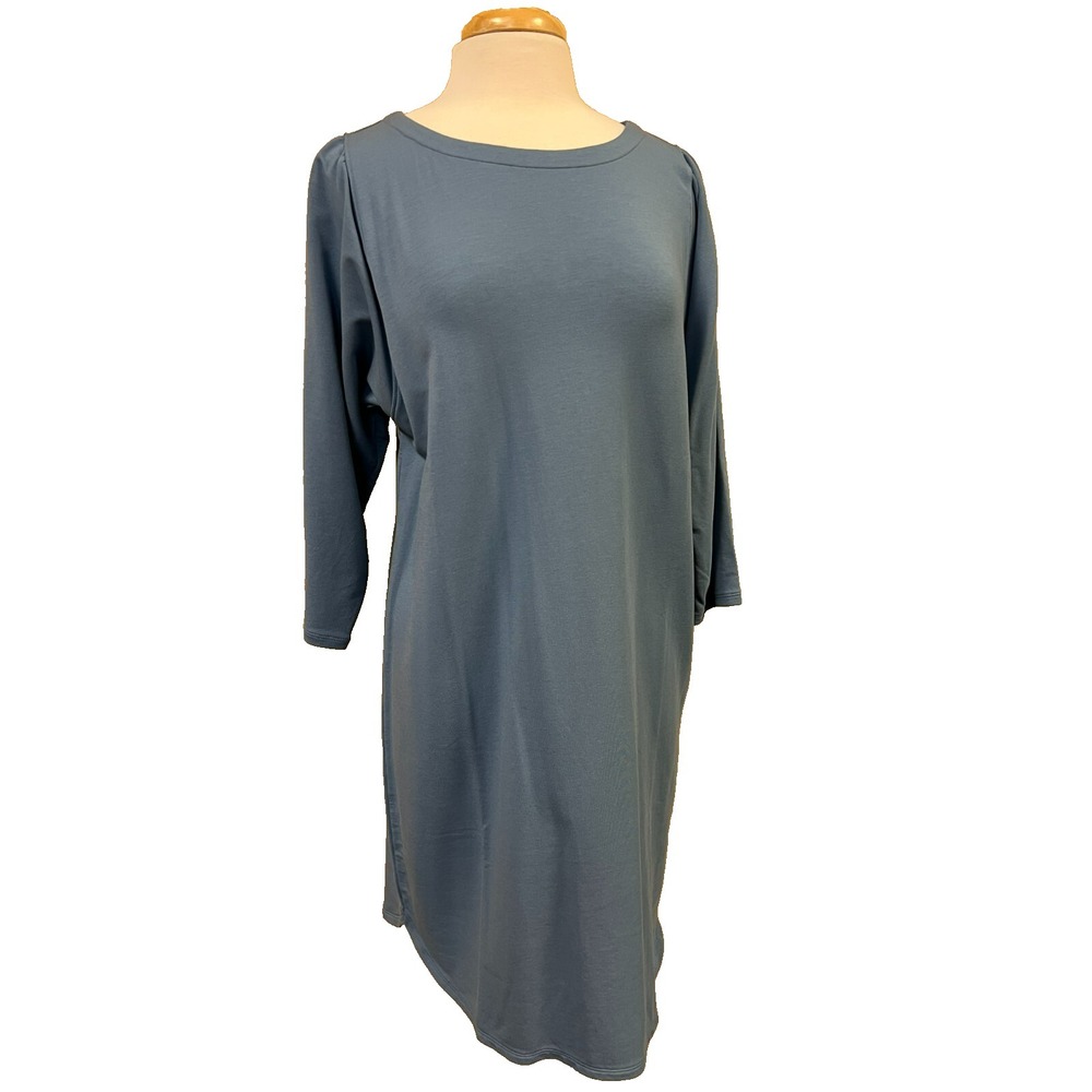 New Pure Jill Affinity French Terry Shift Dress Blue 3/4 Sleeves Scoop Neck SZ M
